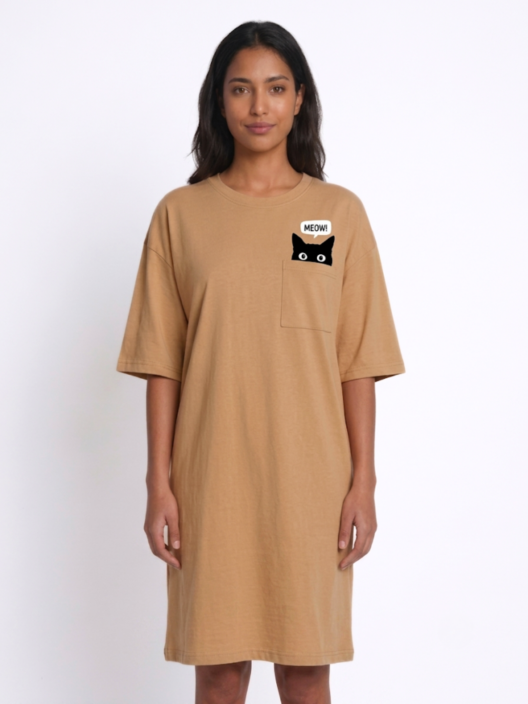 T-shirt Oversize "Cute Cat" pour Femme - Beige
