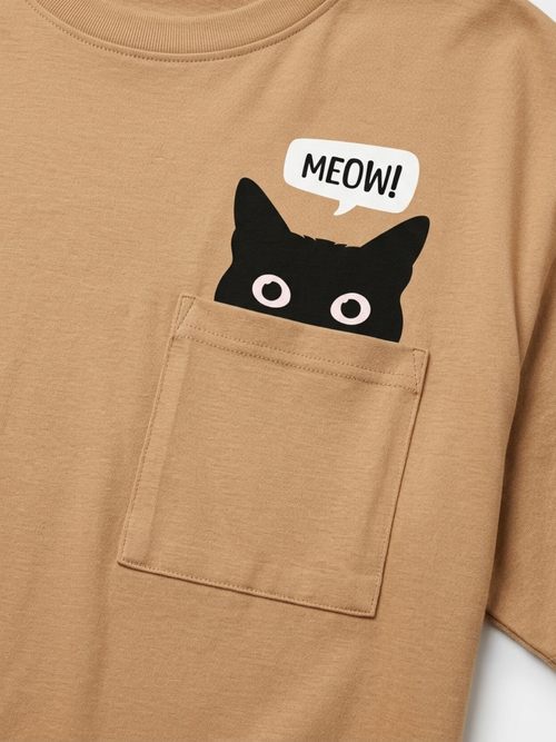T-shirt Oversize "Cute Cat" pour Femme – Beige